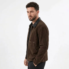 Dark brown faux suede zip jacket on model, side view