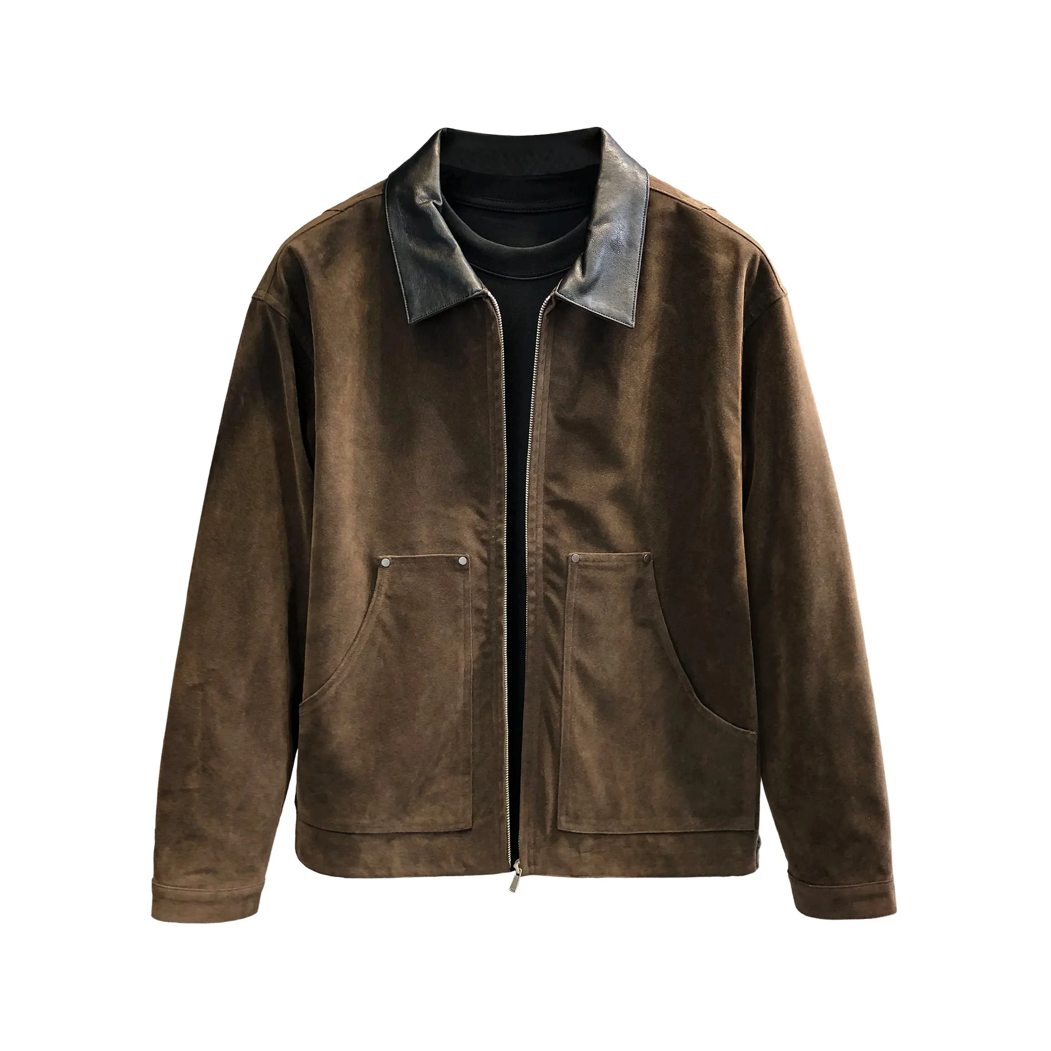 Dark brown faux suede zip jacket with contrast collar, product front