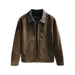 Dark brown faux suede zip jacket with contrast collar, product front