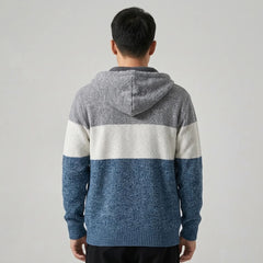 Denim blue fleece-lined knit zip hoodie, back view on model