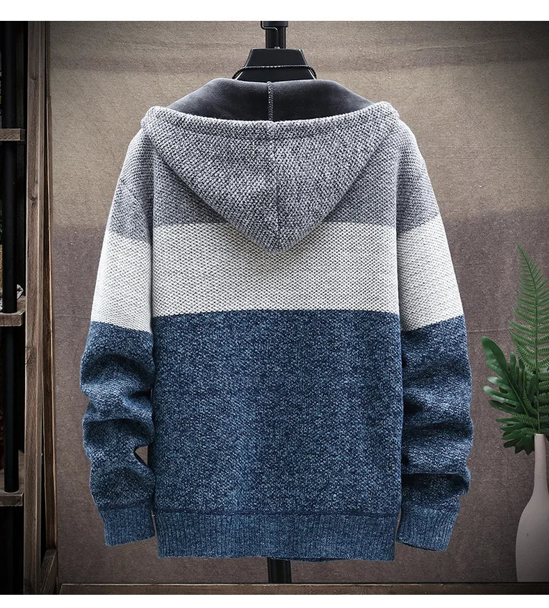 Denim blue knit zip hoodie on a mannequin, back view with hood