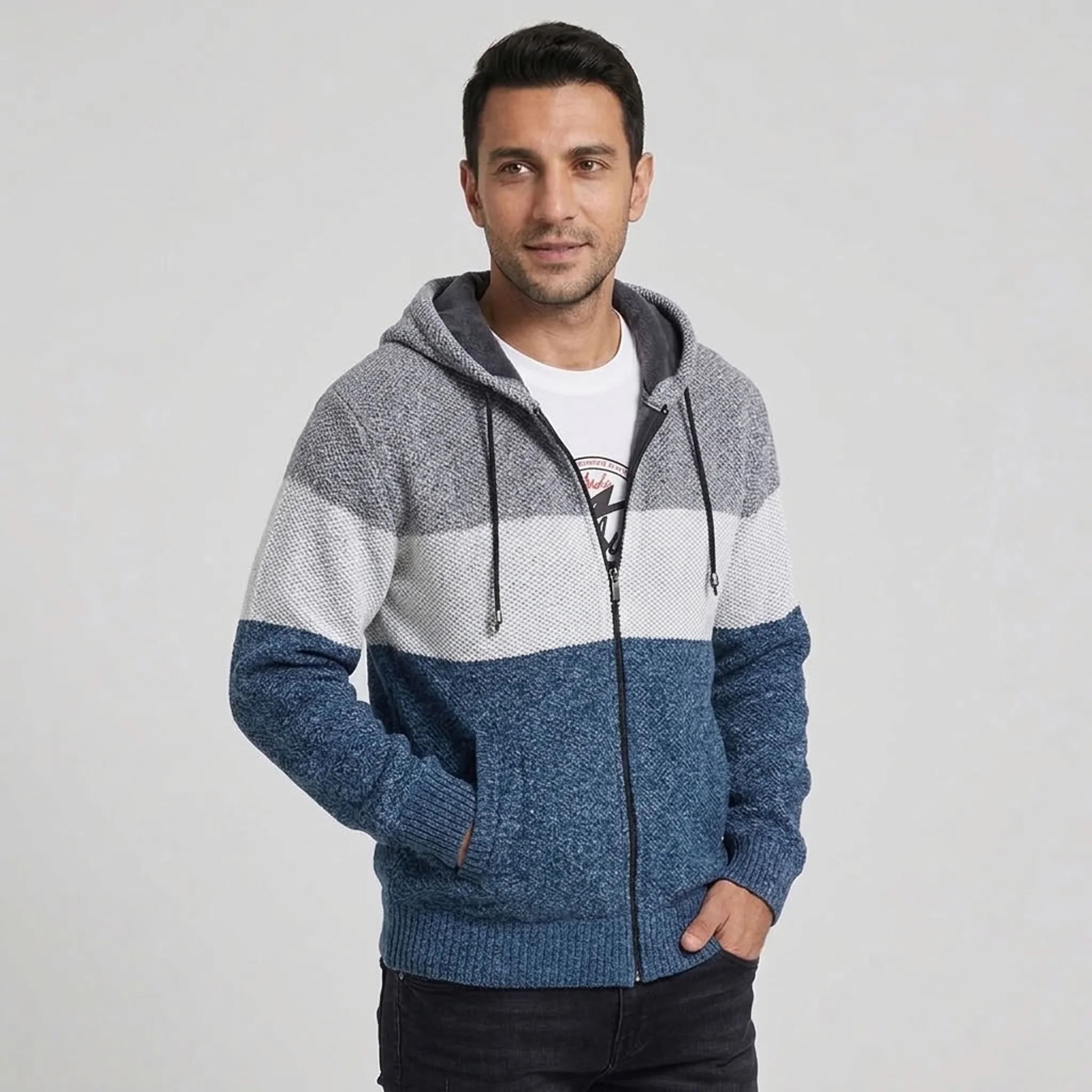 Denim blue color-block knit zip hoodie, zipped front view