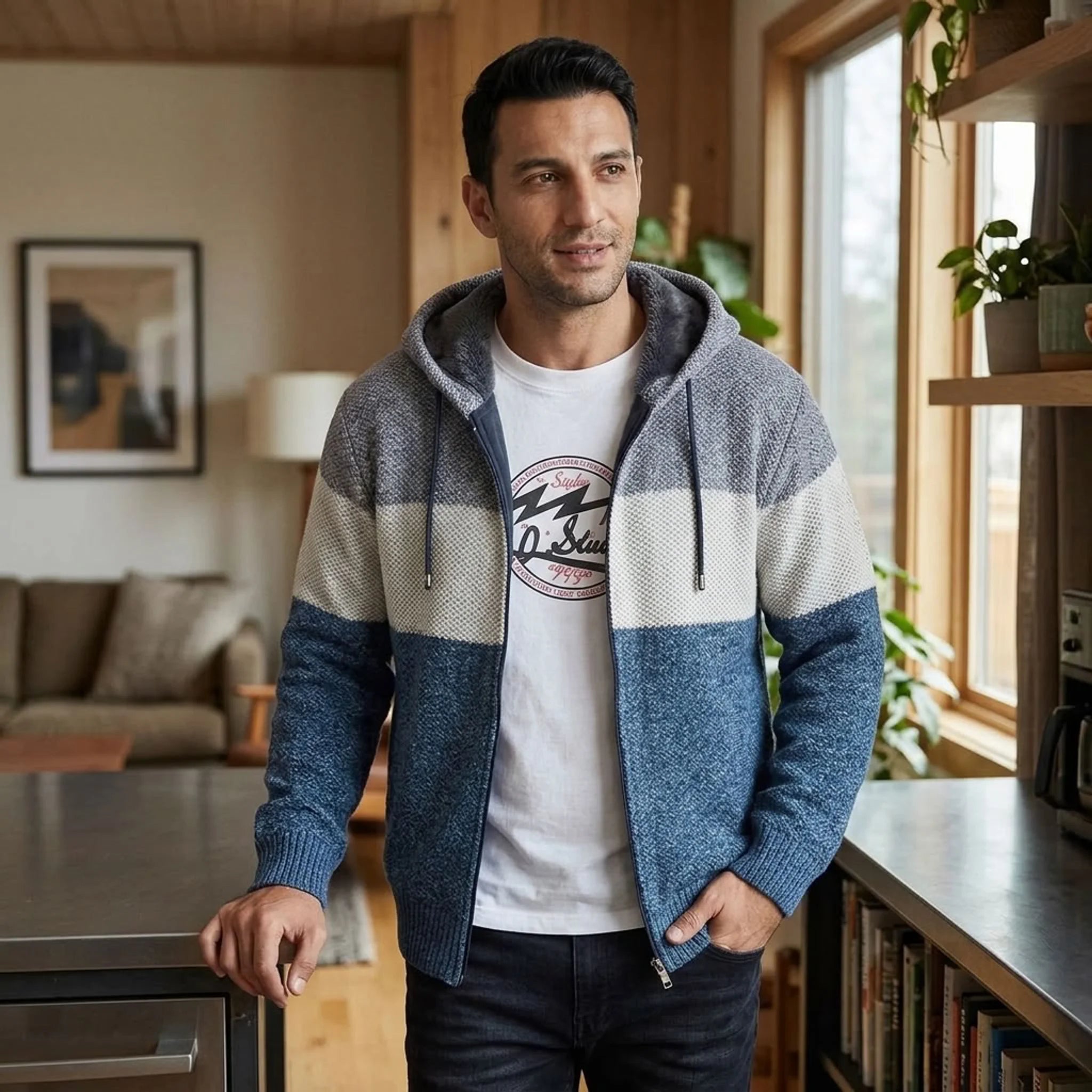 Man in denim blue knit zip hoodie standing in a bright living room