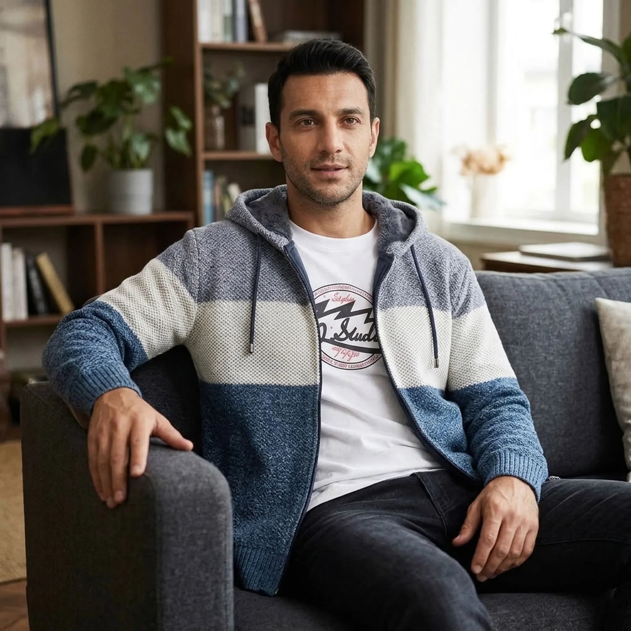 Man in denim blue knit zip hoodie seated on a sofa