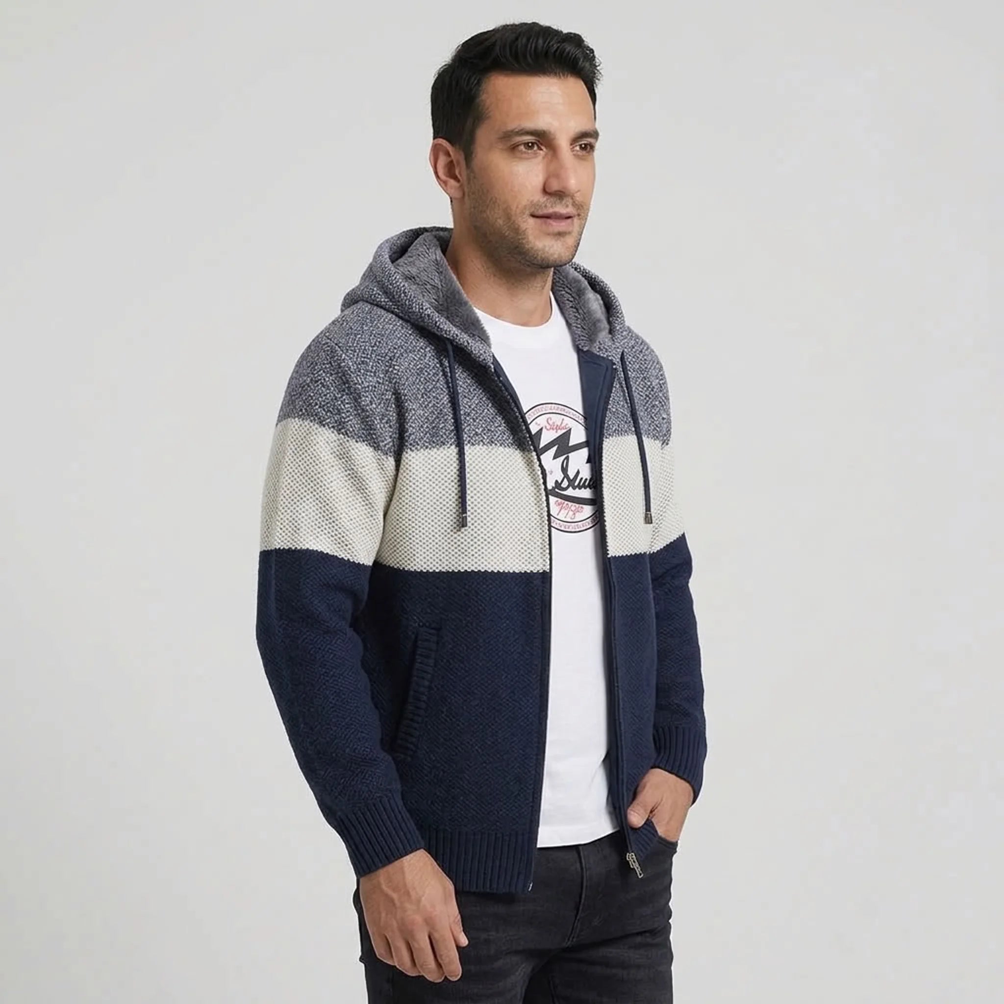 Navy color-block knit zip hoodie, three-quarter view