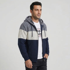 Navy color-block knit zip hoodie, three-quarter view
