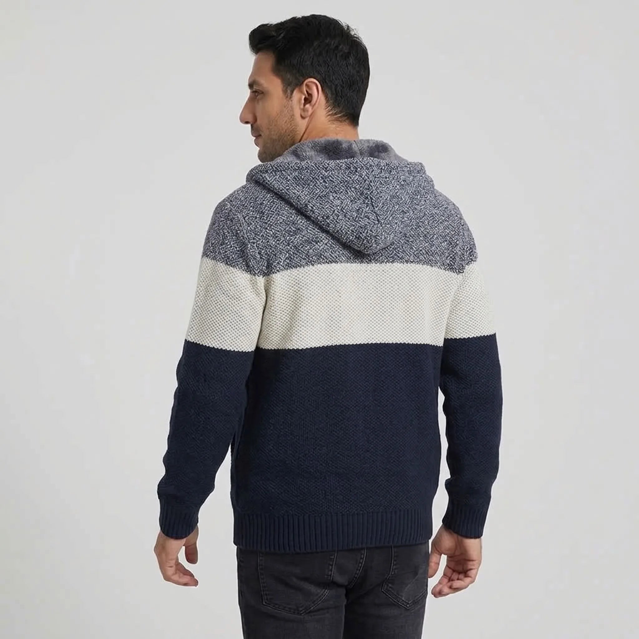 Navy fleece-lined knit zip hoodie, back view on model