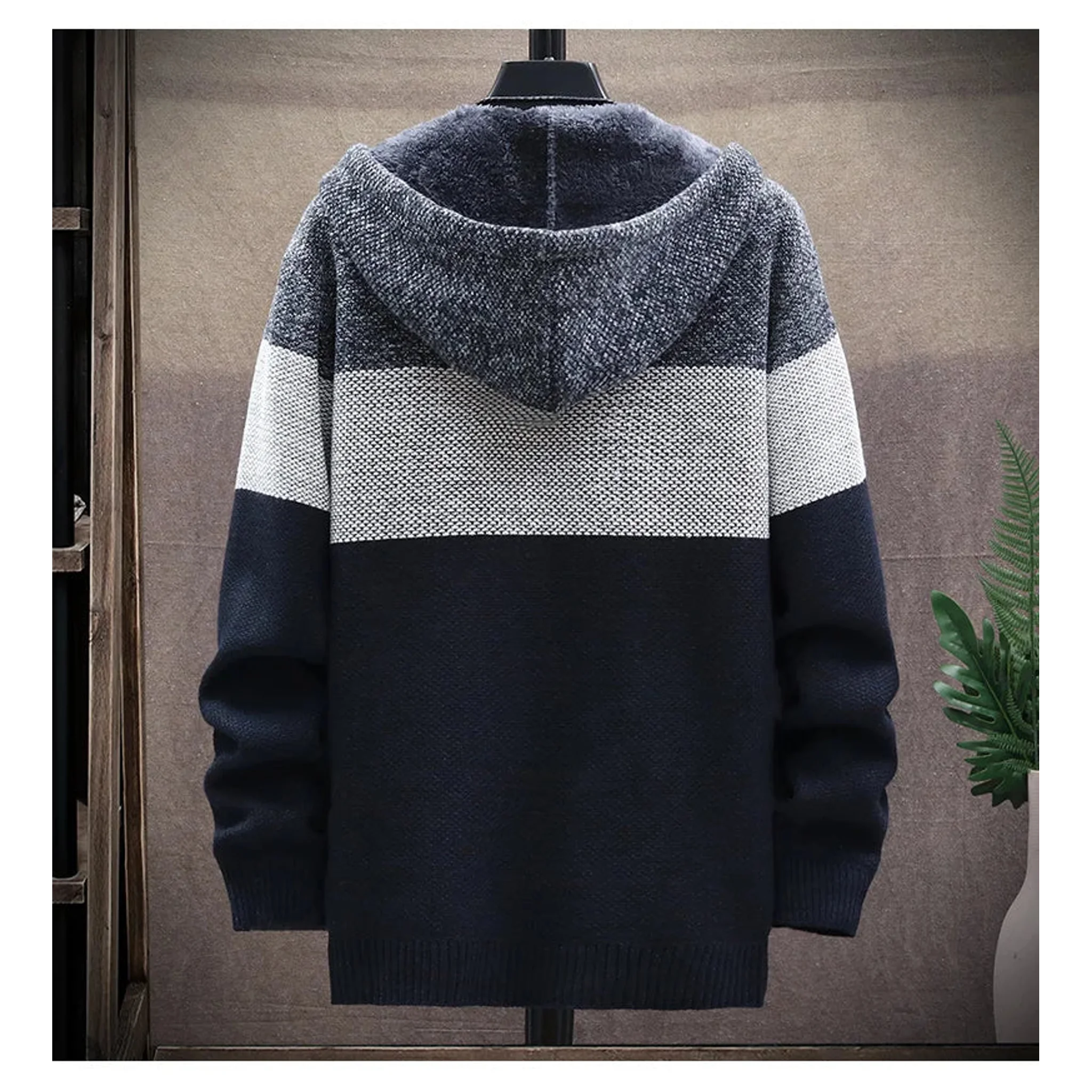 Navy knit zip hoodie on a mannequin, back view with hood