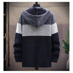 Navy knit zip hoodie on a mannequin, back view with hood