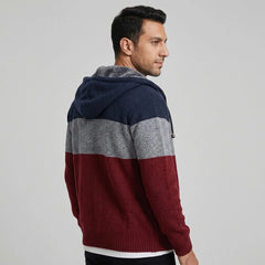 Wine red fleece-lined knit zip hoodie, back view on model