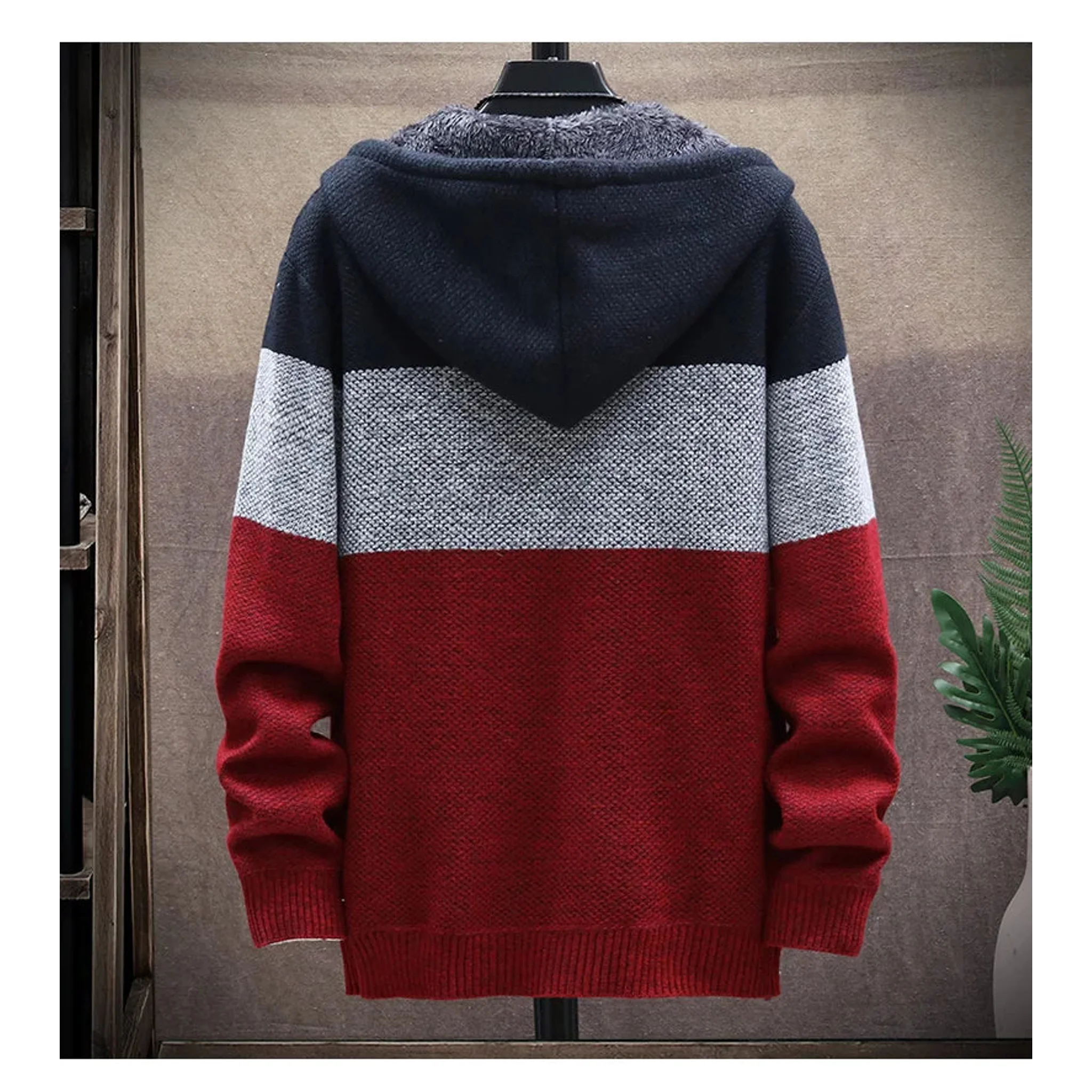 Wine red knit zip hoodie on a mannequin, back view with hood