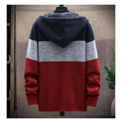 Wine red knit zip hoodie on a mannequin, back view with hood