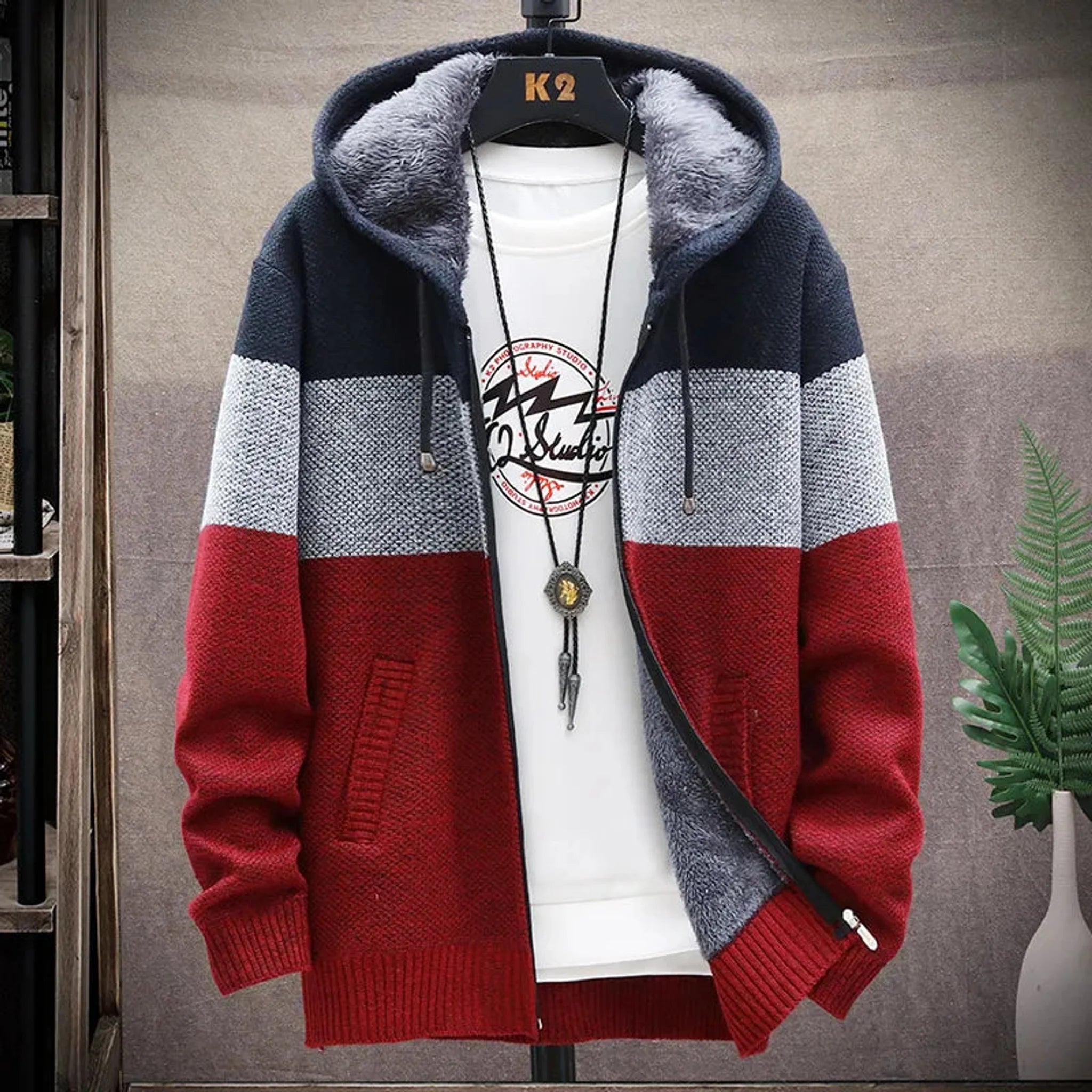 Wine red three-tone knit zip hoodie on a mannequin, front, unzipped