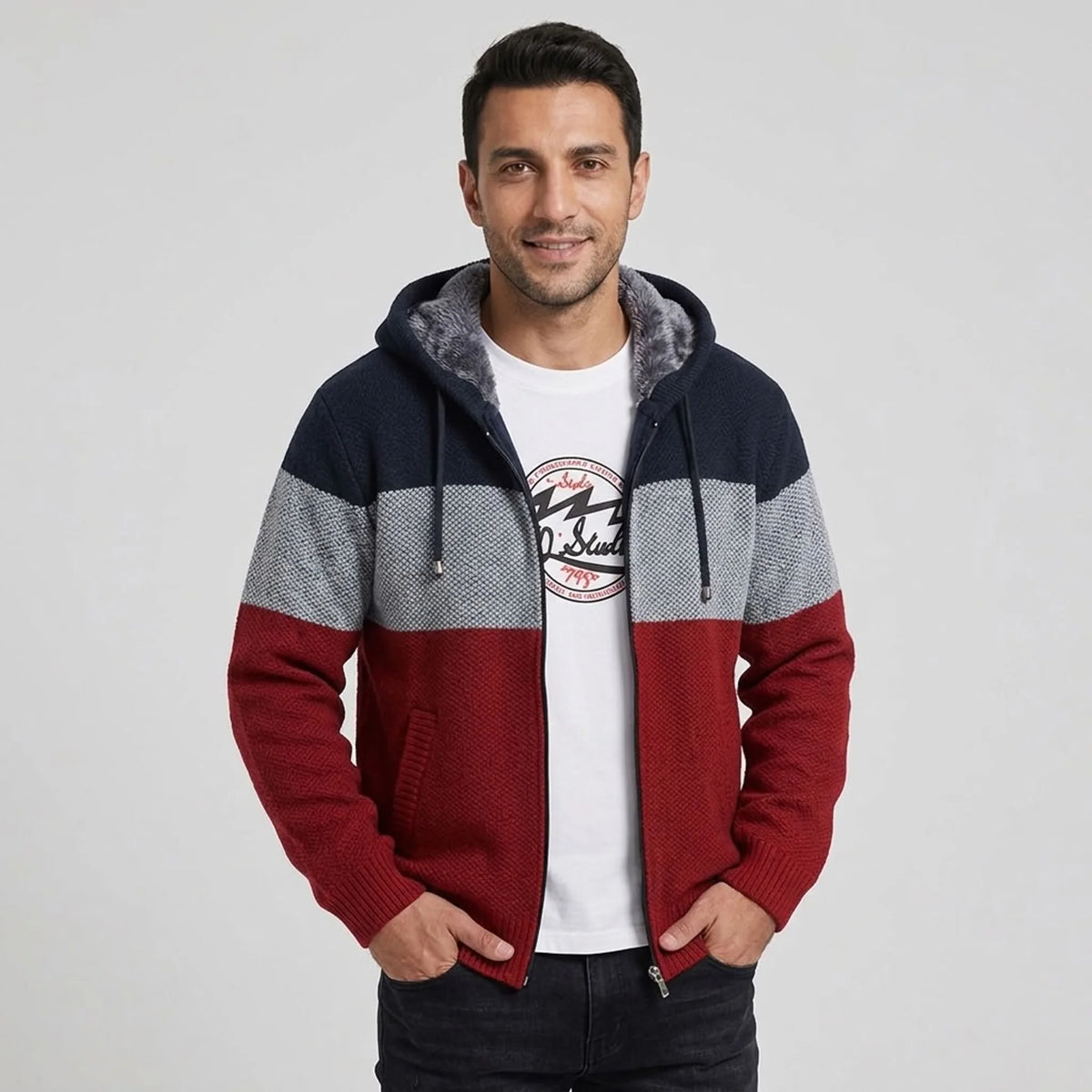 MannerCo men's wine red fleece-lined knit zip hoodie, front view