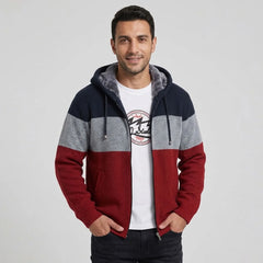 MannerCo men's wine red fleece-lined knit zip hoodie, front view