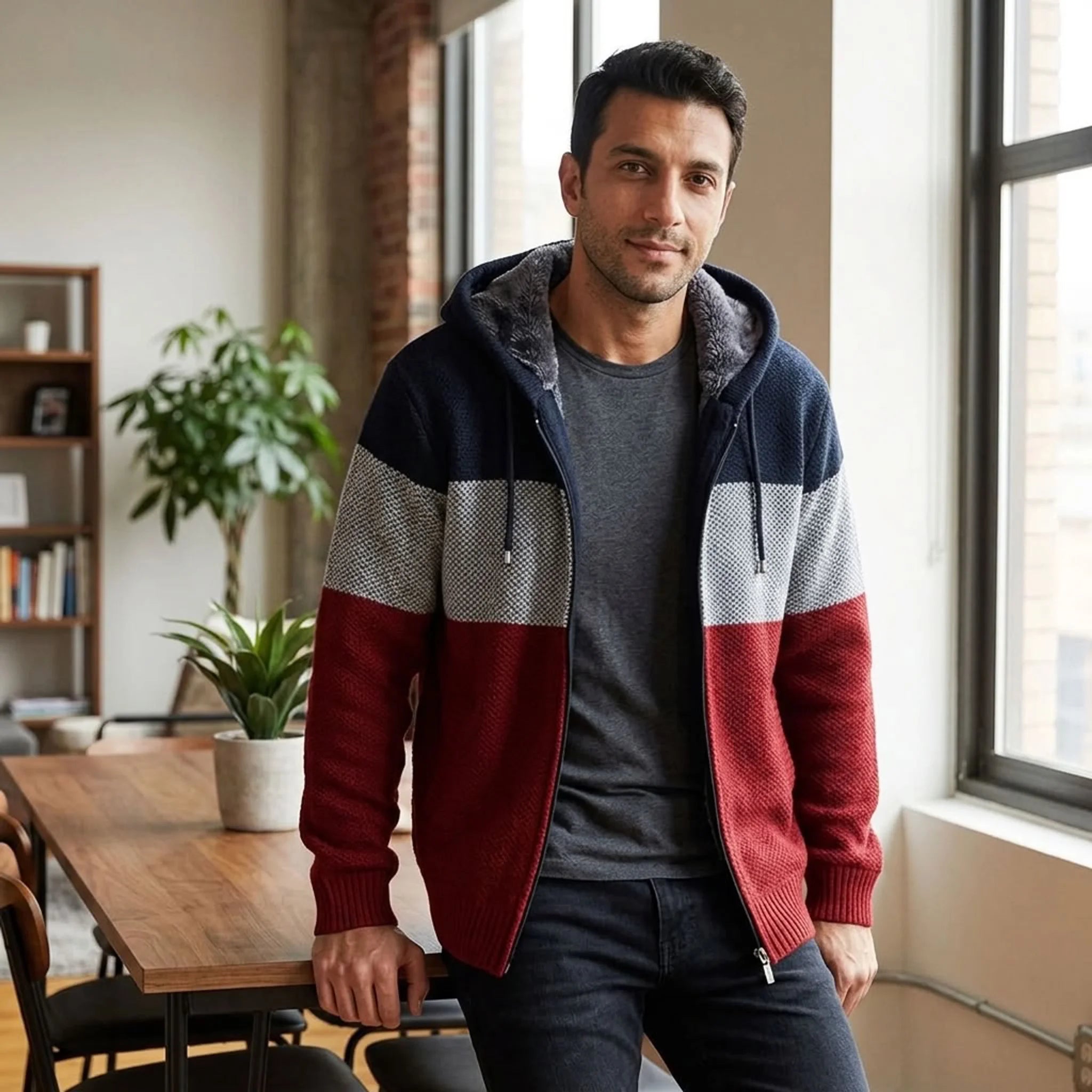Man in wine red color-block knit zip hoodie worn open in a bright apartment