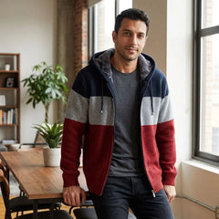 Man in wine red color-block knit zip hoodie worn open in a bright apartment