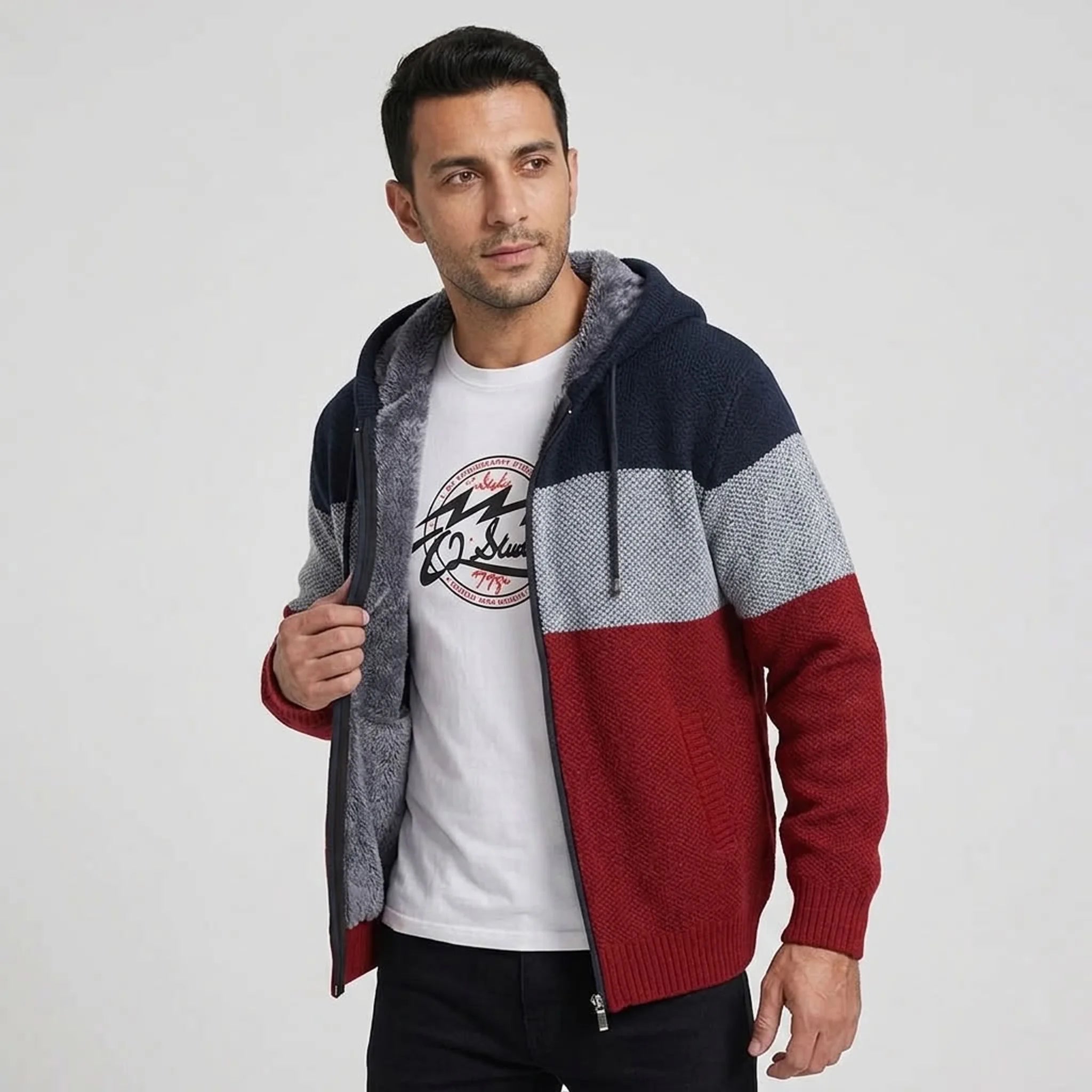 Wine red knit zip hoodie held open to show the soft fleece lining