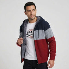 Wine red knit zip hoodie held open to show the soft fleece lining