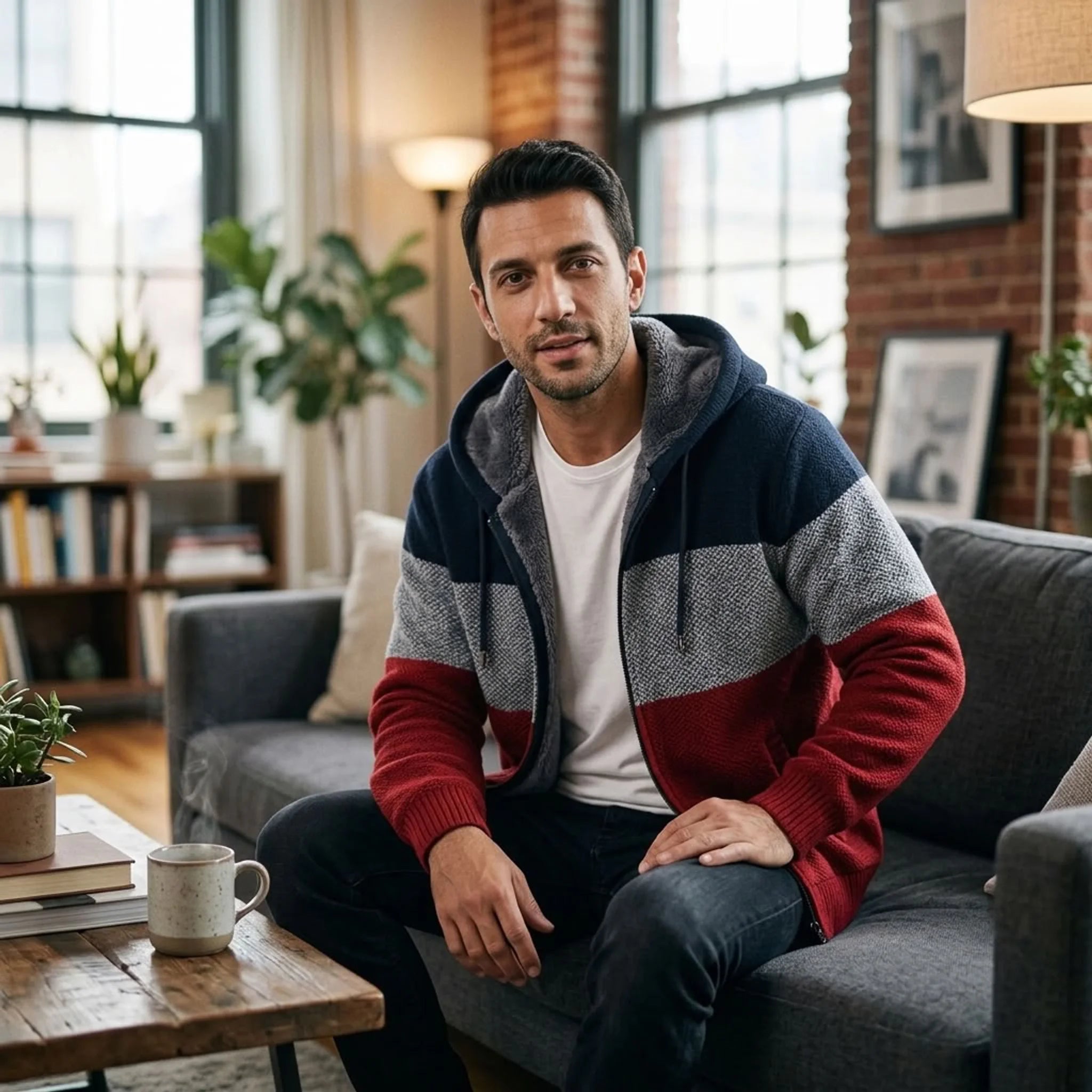 Man in wine red knit zip hoodie seated on a sofa at home