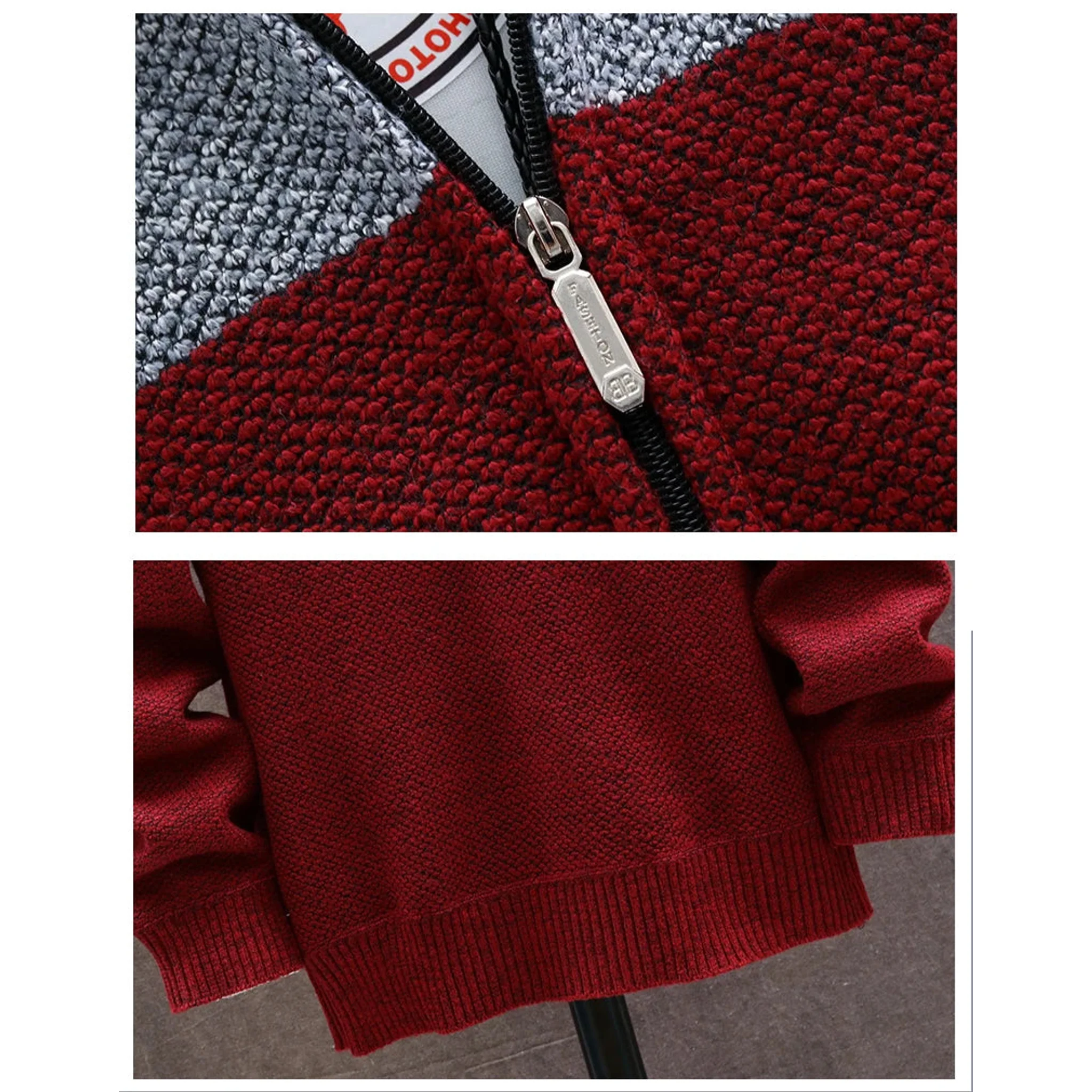 Close-up of the metal zip and ribbed hem on the wine red knit hoodie