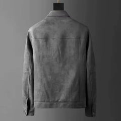 Gray suede-look trucker jacket on a hanger, back view