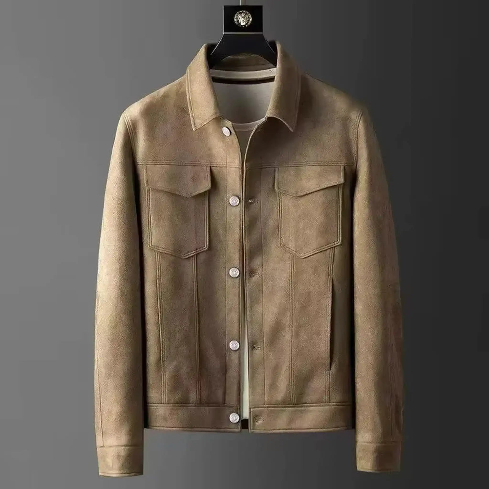 Khaki suede-look trucker jacket on a hanger, front view with chest flap pockets and buttons