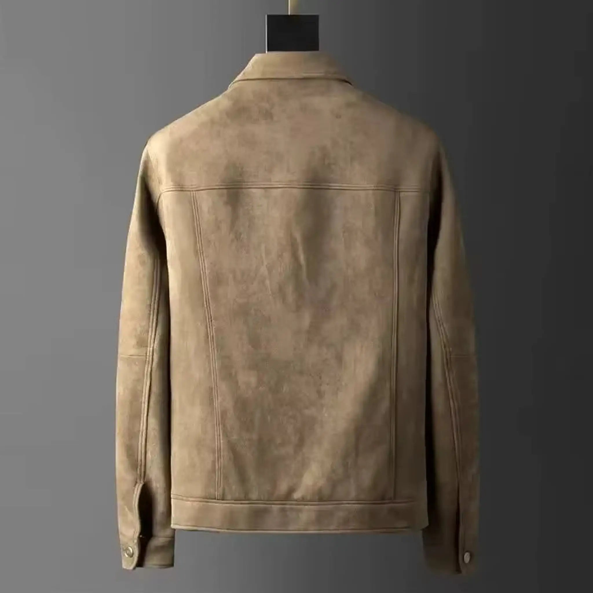 Khaki suede-look trucker jacket on a hanger, back view
