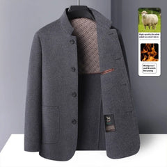 MannerCo men's gray double-faced wool overcoat stand collar button front patterned lining open display