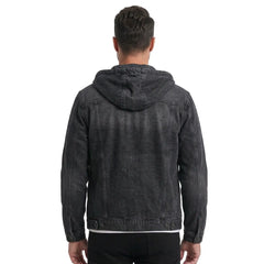 Black hooded denim jacket back view on model