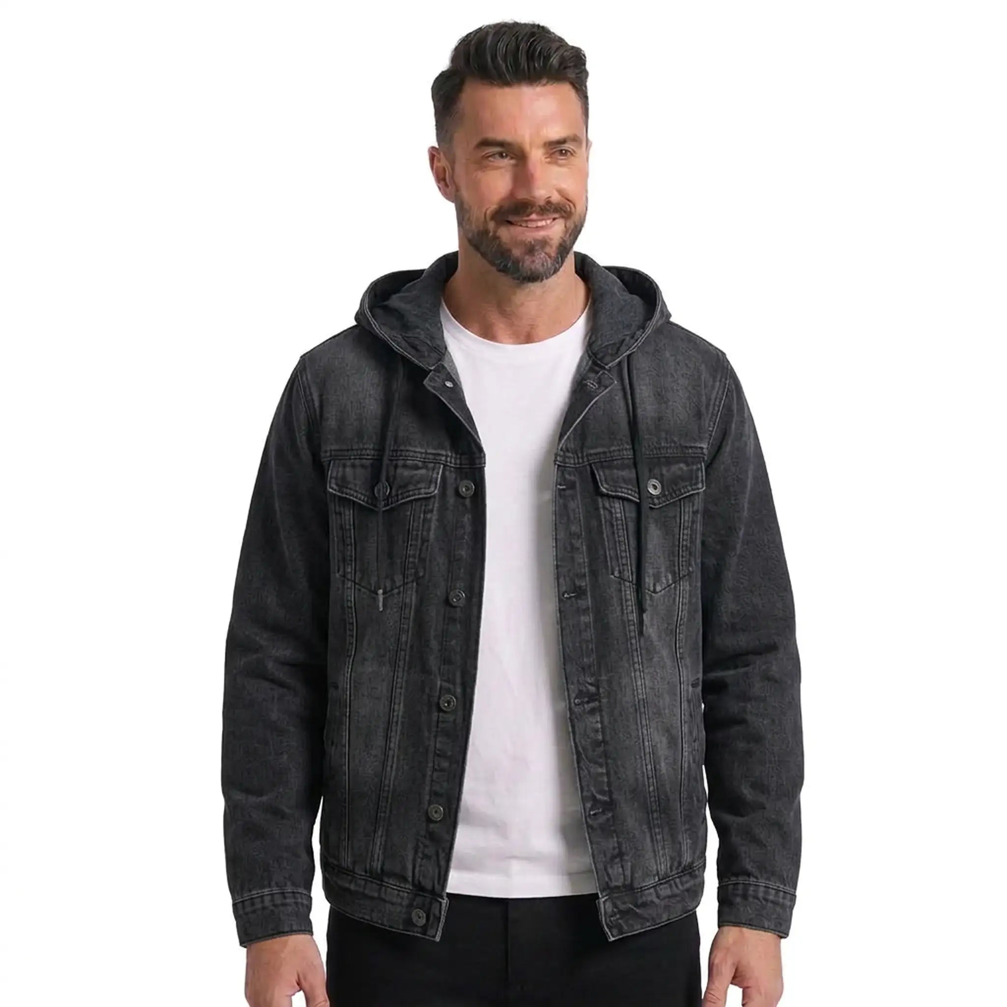 Man wearing black hooded denim jacket over a white tee, front view