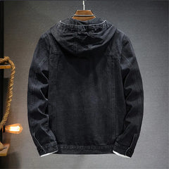 Black hooded denim jacket on a hanger, back view with hood