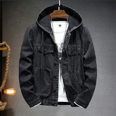 Black hooded denim jacket on a hanger with flap chest pockets