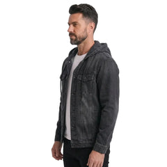 Black hooded denim jacket side view on model