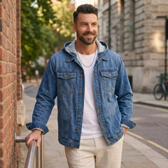Man in dark blue hooded denim jacket and white tee on a city street