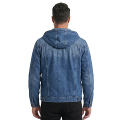 Dark blue hooded denim jacket back view on model