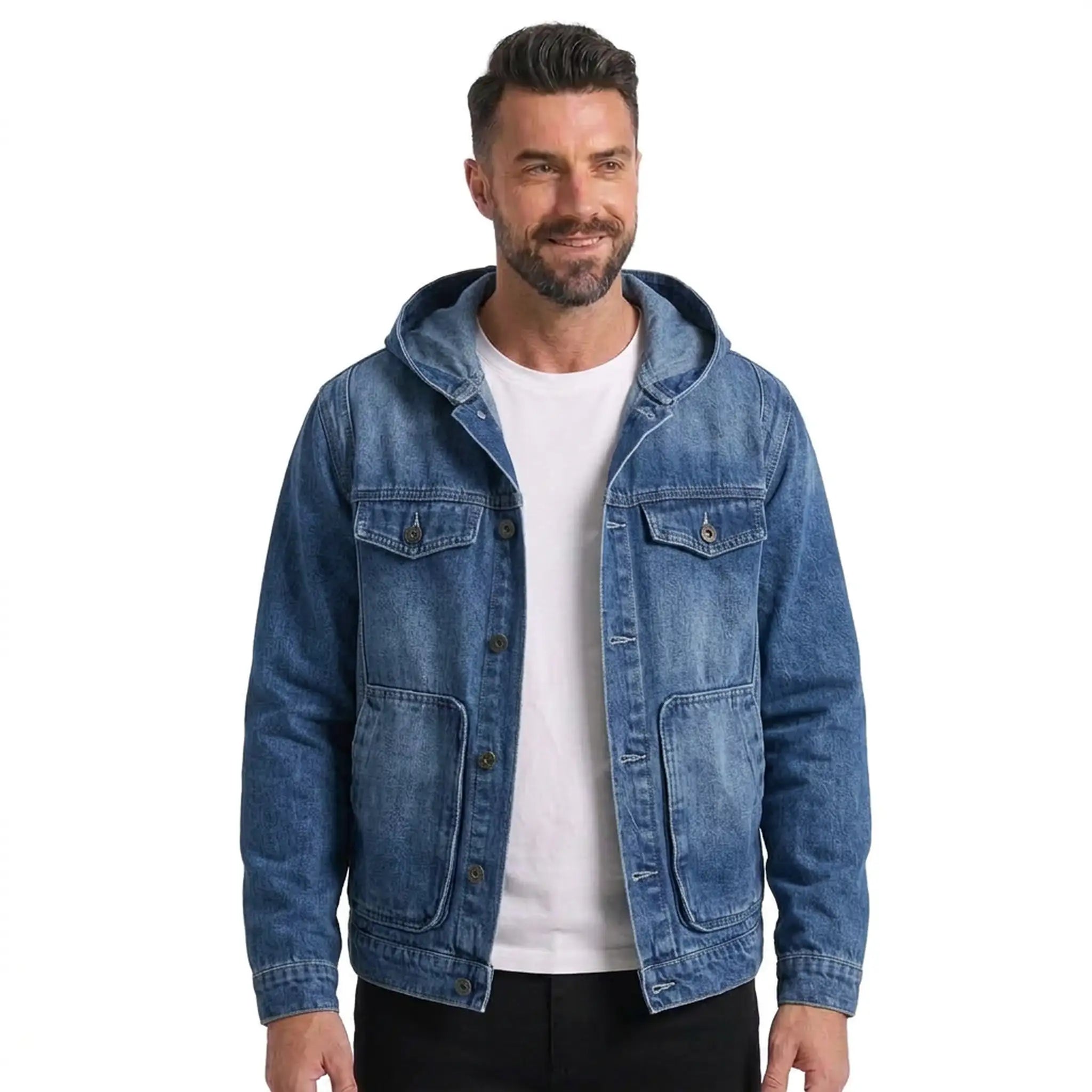Man wearing dark blue hooded denim jacket over a white tee, front view