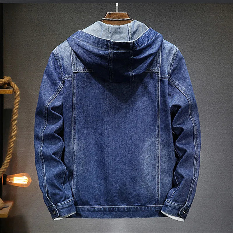 Dark blue hooded denim jacket on a hanger, back view with hood