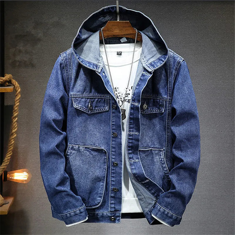 Dark blue hooded denim jacket on a hanger with flap chest pockets