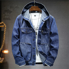 Dark blue hooded denim jacket on a hanger with flap chest pockets