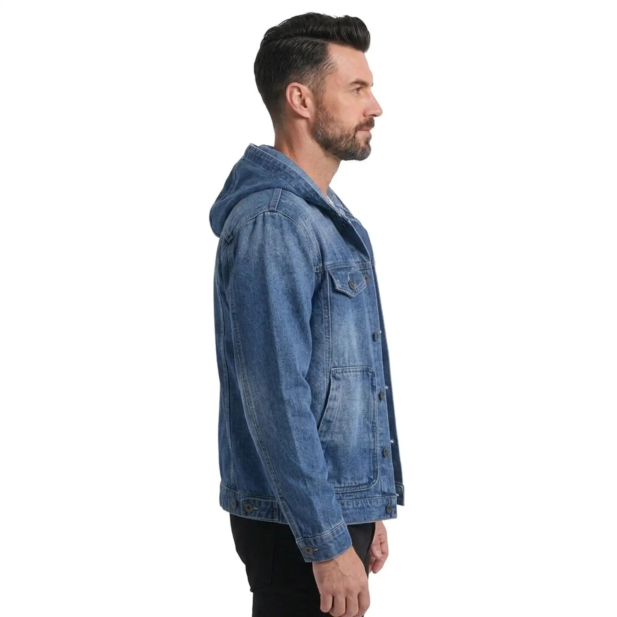 Dark blue hooded denim jacket side view on model