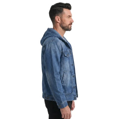 Dark blue hooded denim jacket side view on model