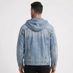 Light blue hooded denim jacket back view on model