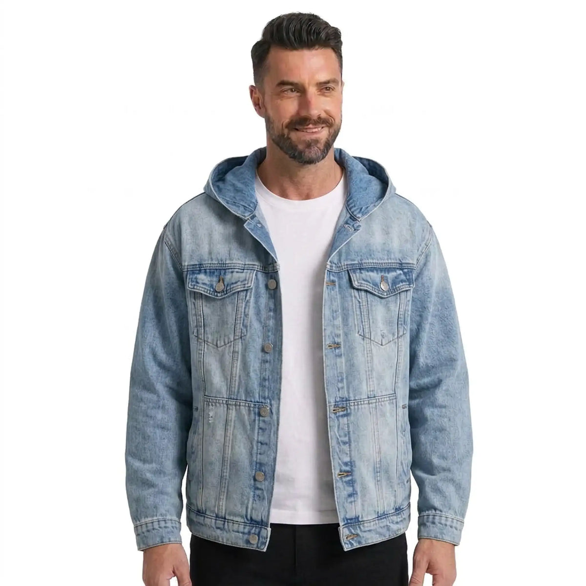 MannerCo men's light blue hooded denim trucker jacket with button-up front, front view on model