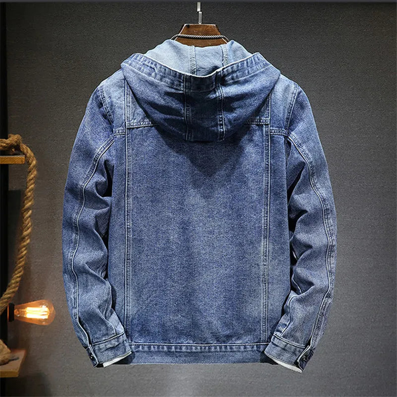 Light blue hooded denim jacket on a hanger, back view with hood