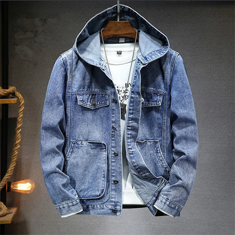 Light blue hooded denim jacket on a hanger with flap chest pockets