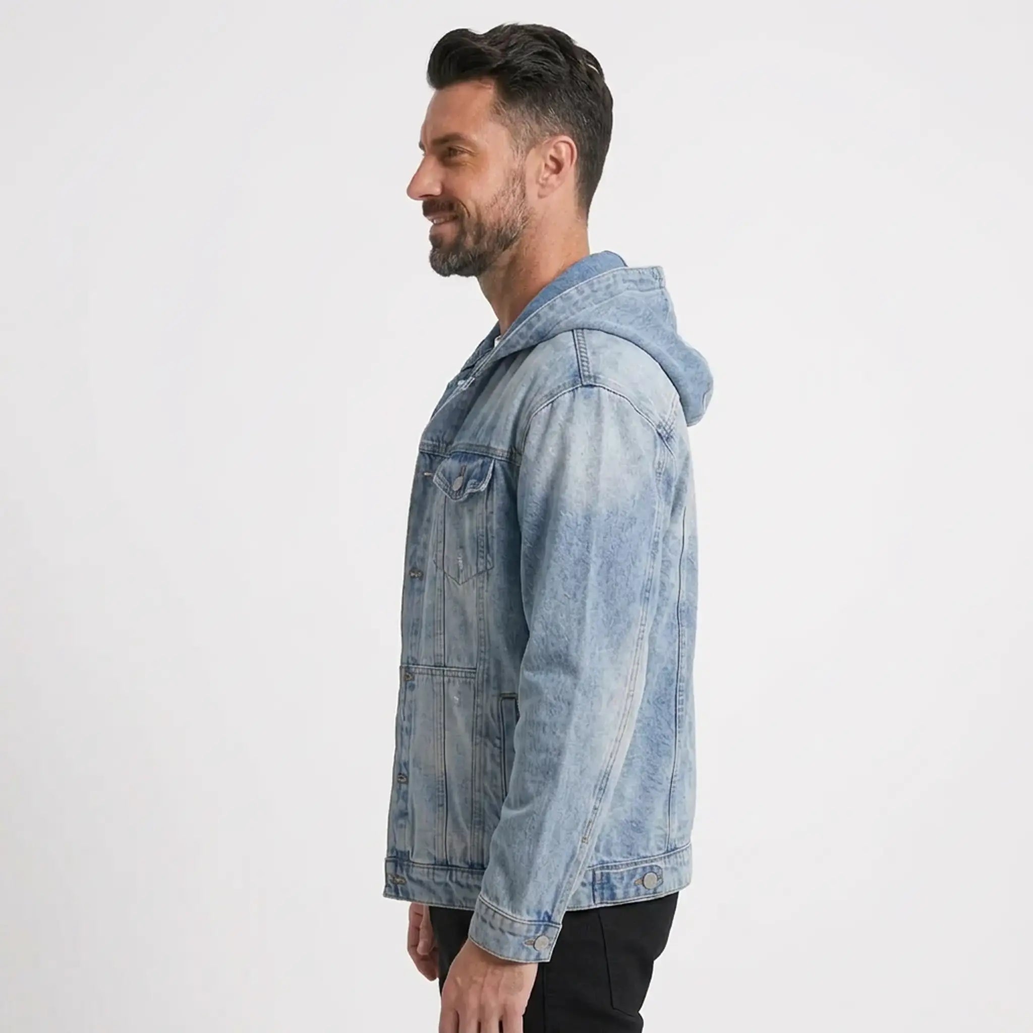 Light blue hooded denim jacket side view on model