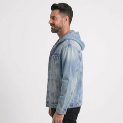Light blue hooded denim jacket side view on model