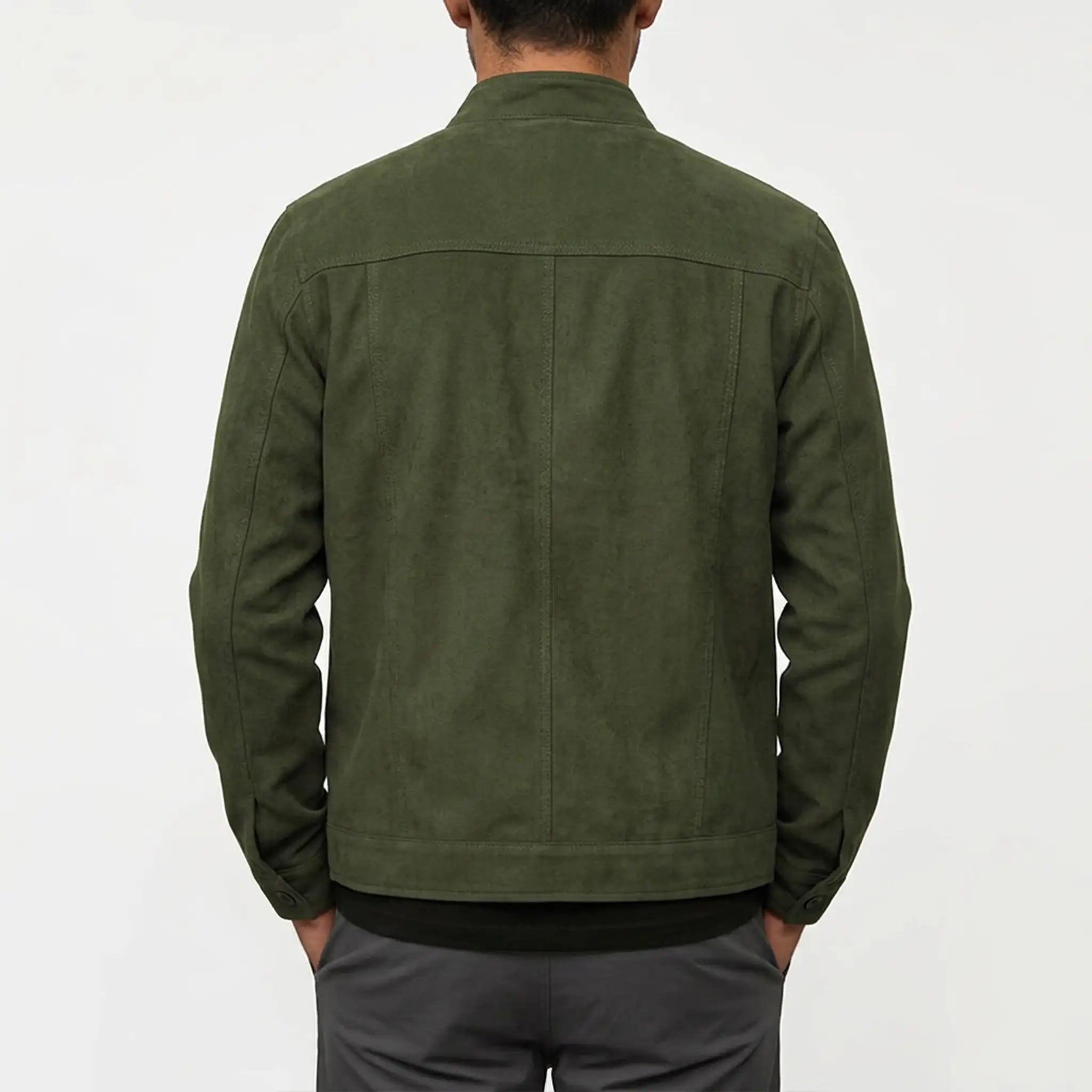 Army green military suede jacket back view on model