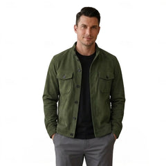 Man wearing army green military suede jacket, front view
